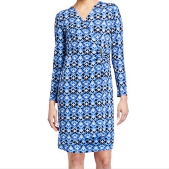 London Times Dresses & Skirts - London Times Matte Jersey Wrap-over Sheath Dress in Blue